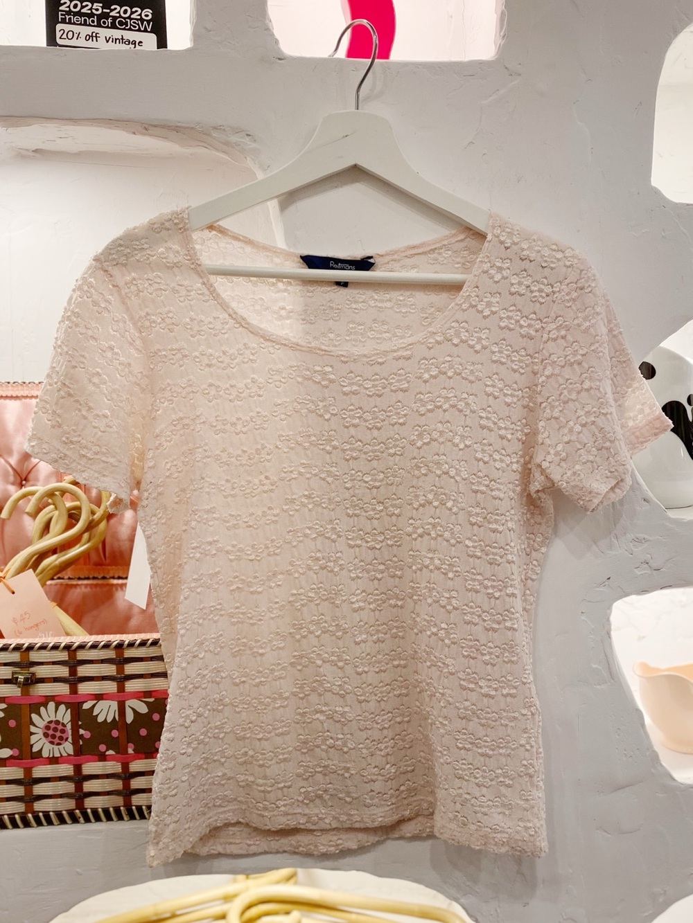 Y2K Vintage Pale Pink Stretchy Floral Lace Short Sleeve Sheer Tee